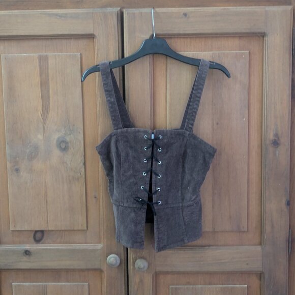 Don't Ask Why Brown Corduroy Lace Up Tank Top One Size Fits Most - Picture 2 of 8